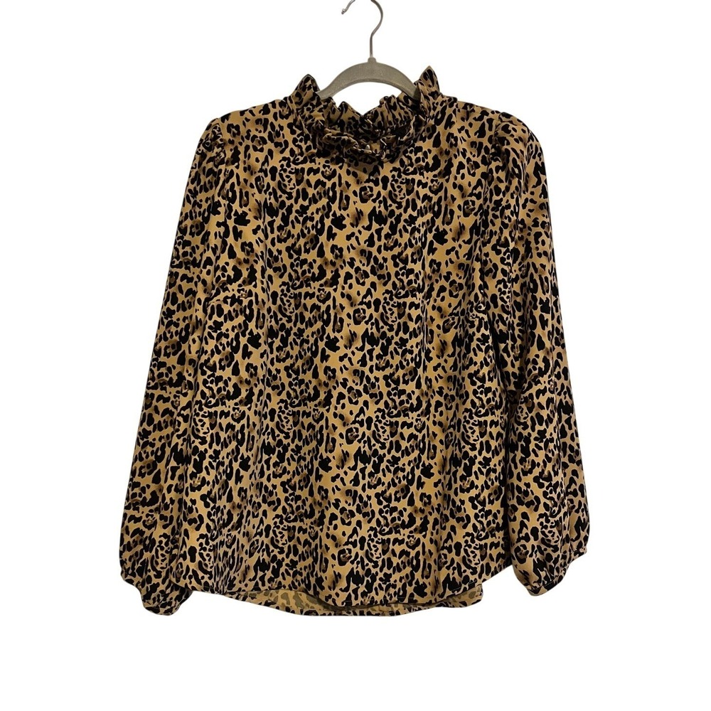 J.CREW Blouse Womens Large Brown Leopard Mock Neck Long Balloon Sleeve Top